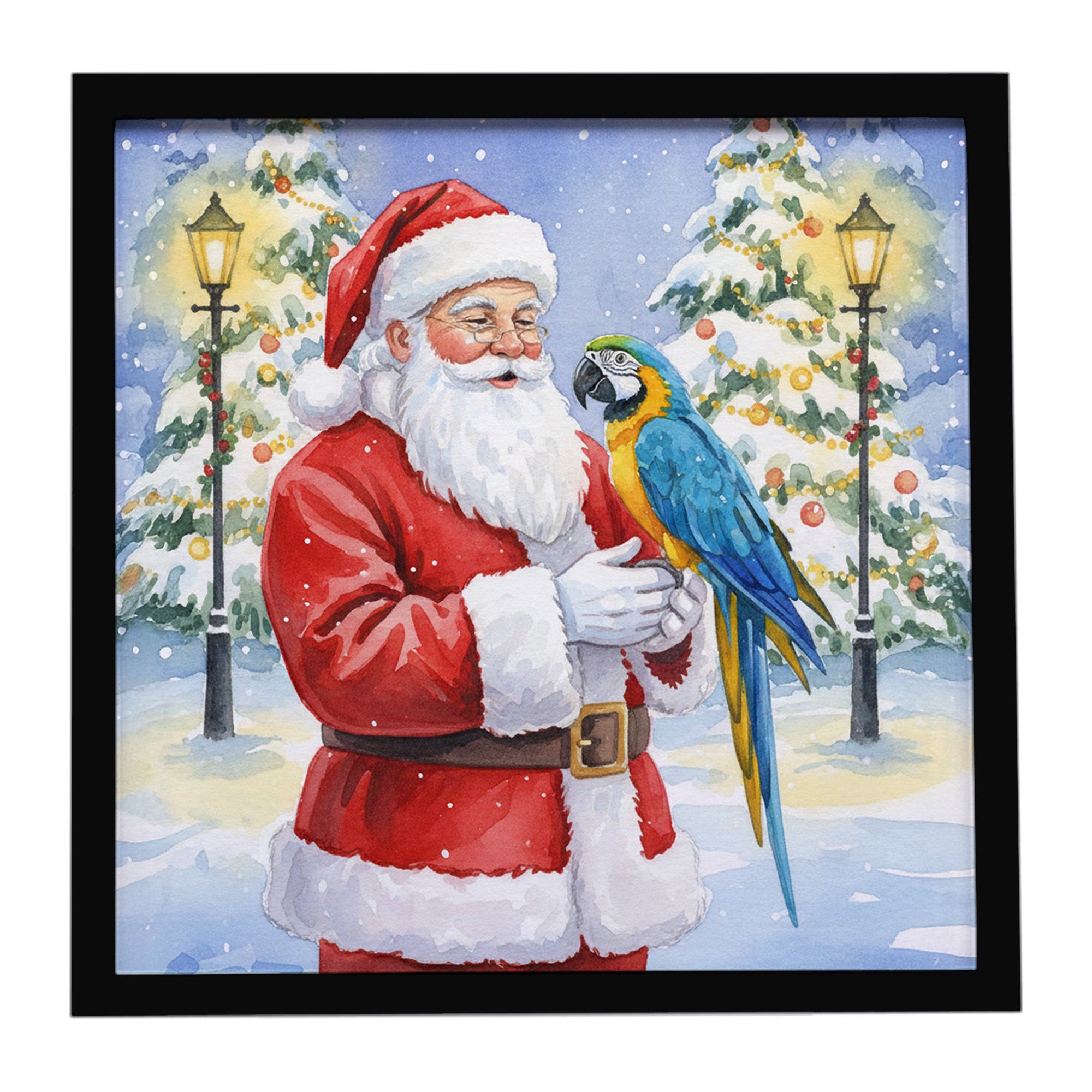 Caroline's Treasures Blue and Gold Macaw Parrot with Santa Claus Framed Metal Print
