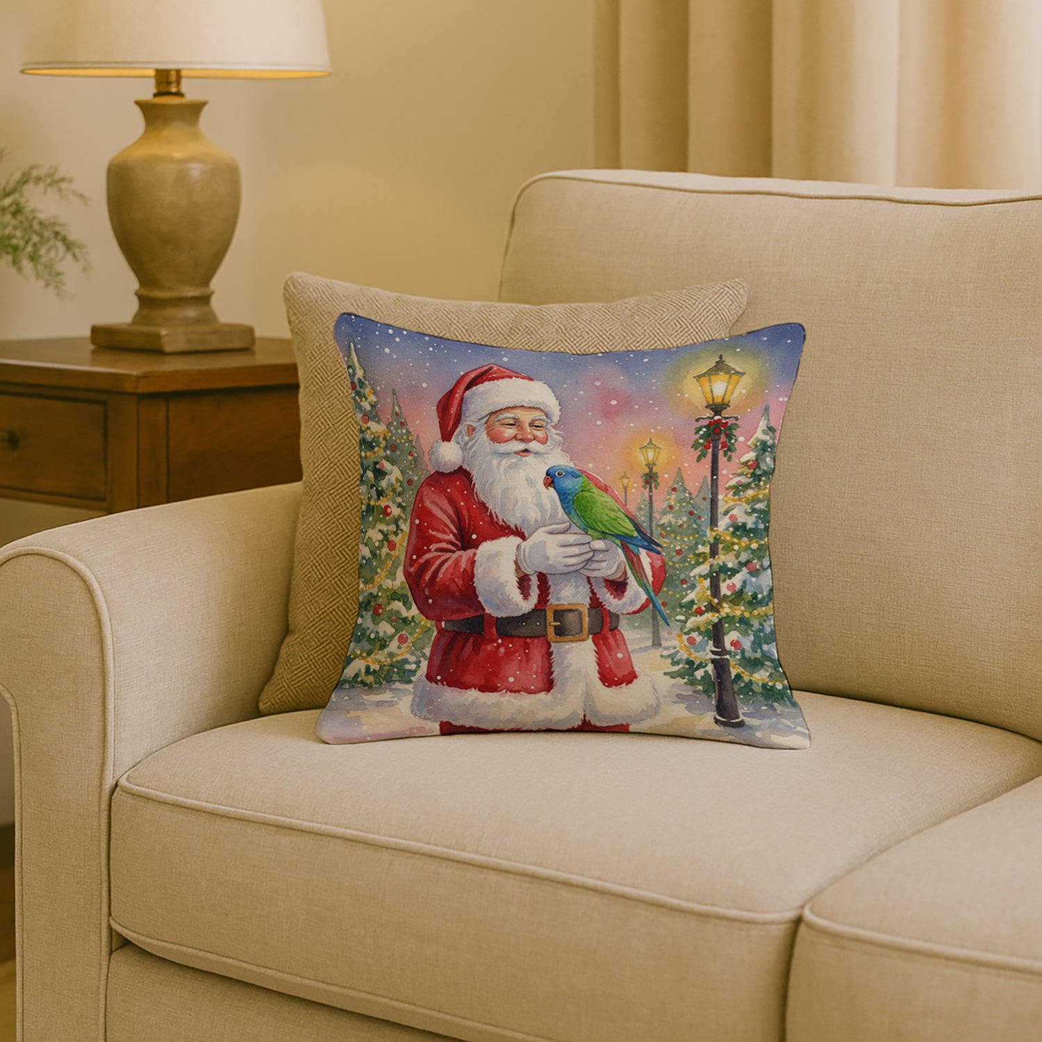 Caroline's Treasures Blue Headed Pionus Parrot with Santa Claus Throw Pillow