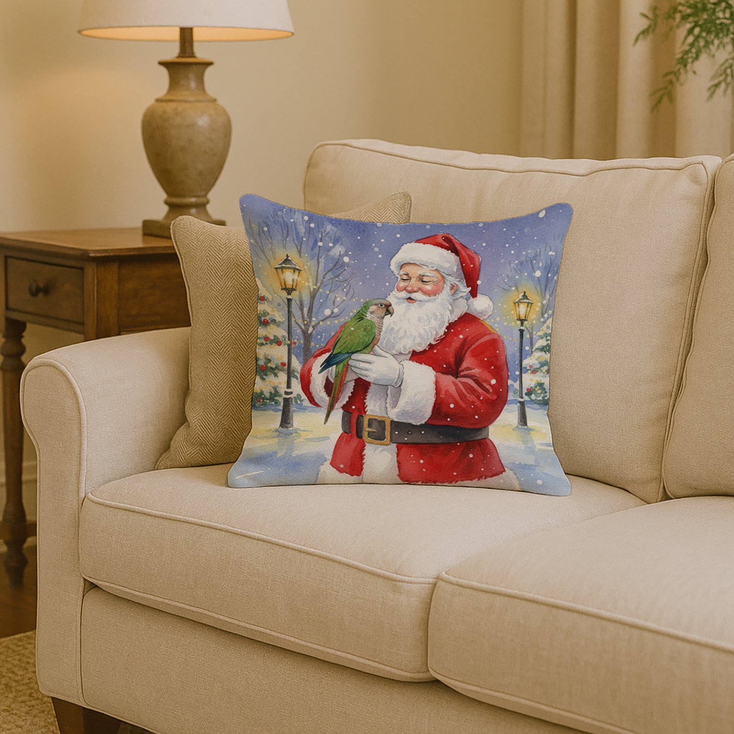 Caroline's Treasures Brown Headed Pionus Parrot with Santa Claus Throw Pillow