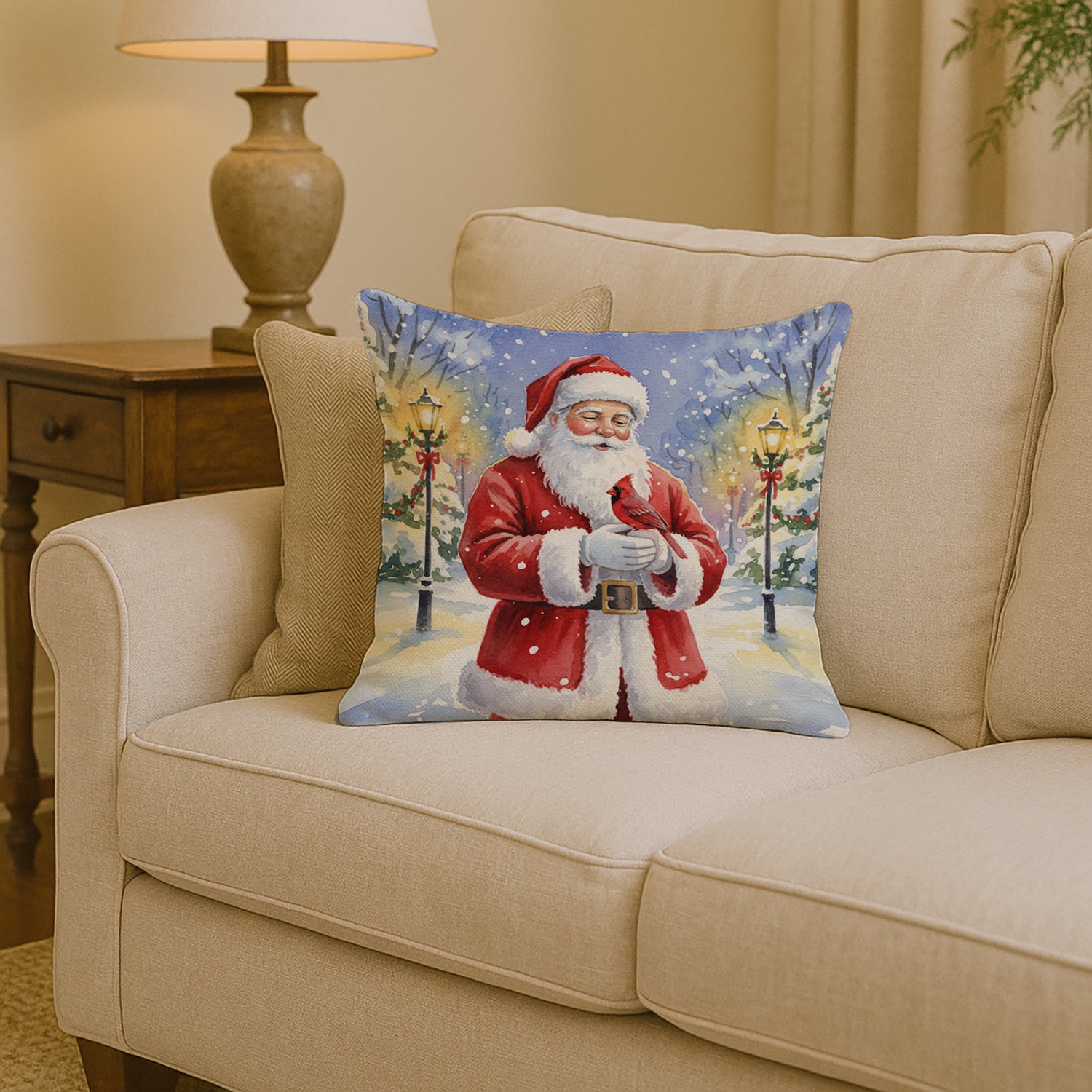 Caroline's Treasures Cardinal with Santa Claus Throw Pillow