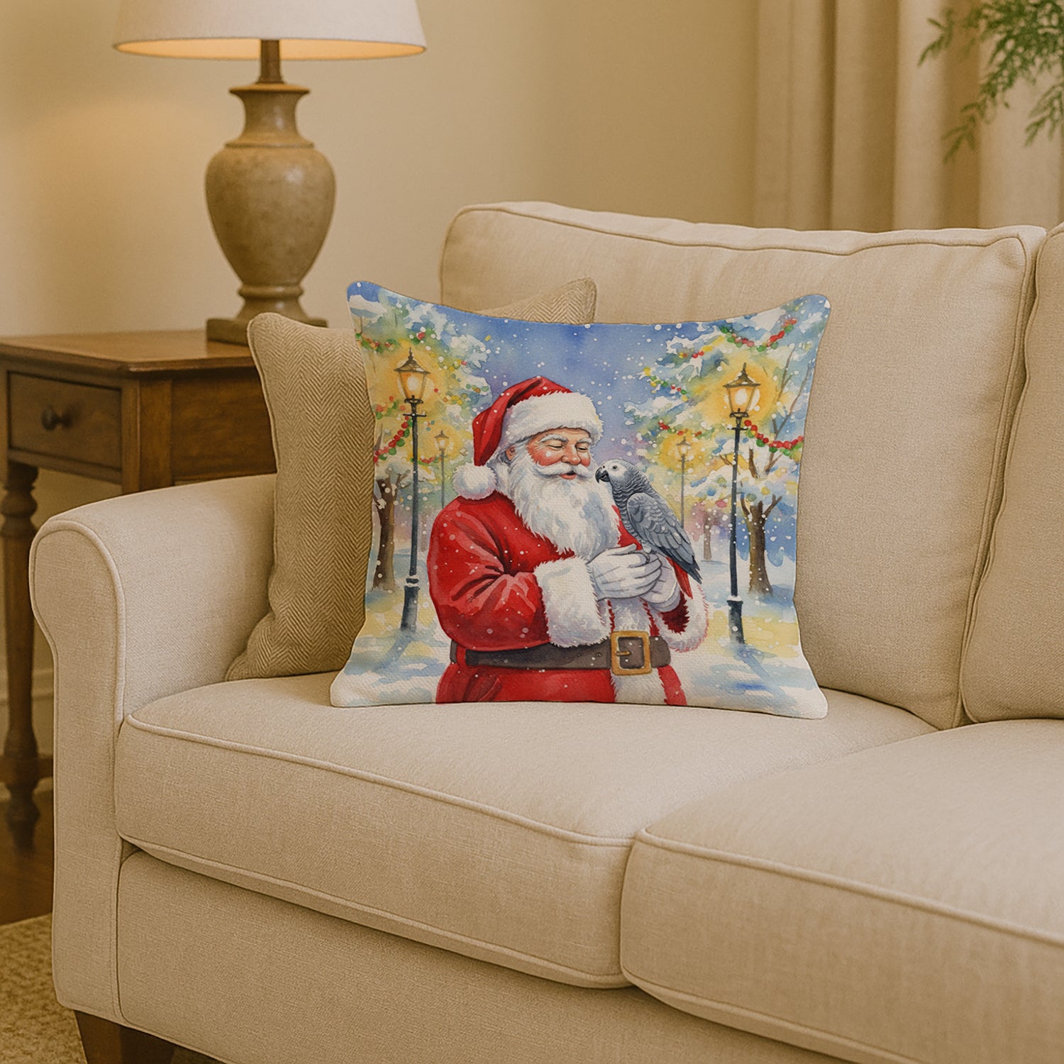 Caroline's Treasures Congo African Grey Parrot with Santa Claus Throw Pillow