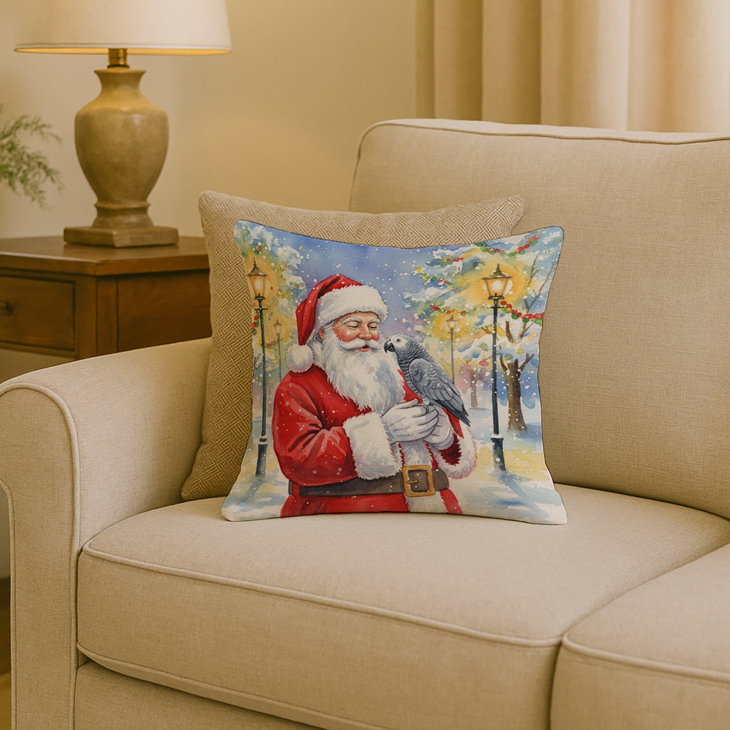 Caroline's Treasures Congo African Grey Parrot with Santa Claus Throw Pillow