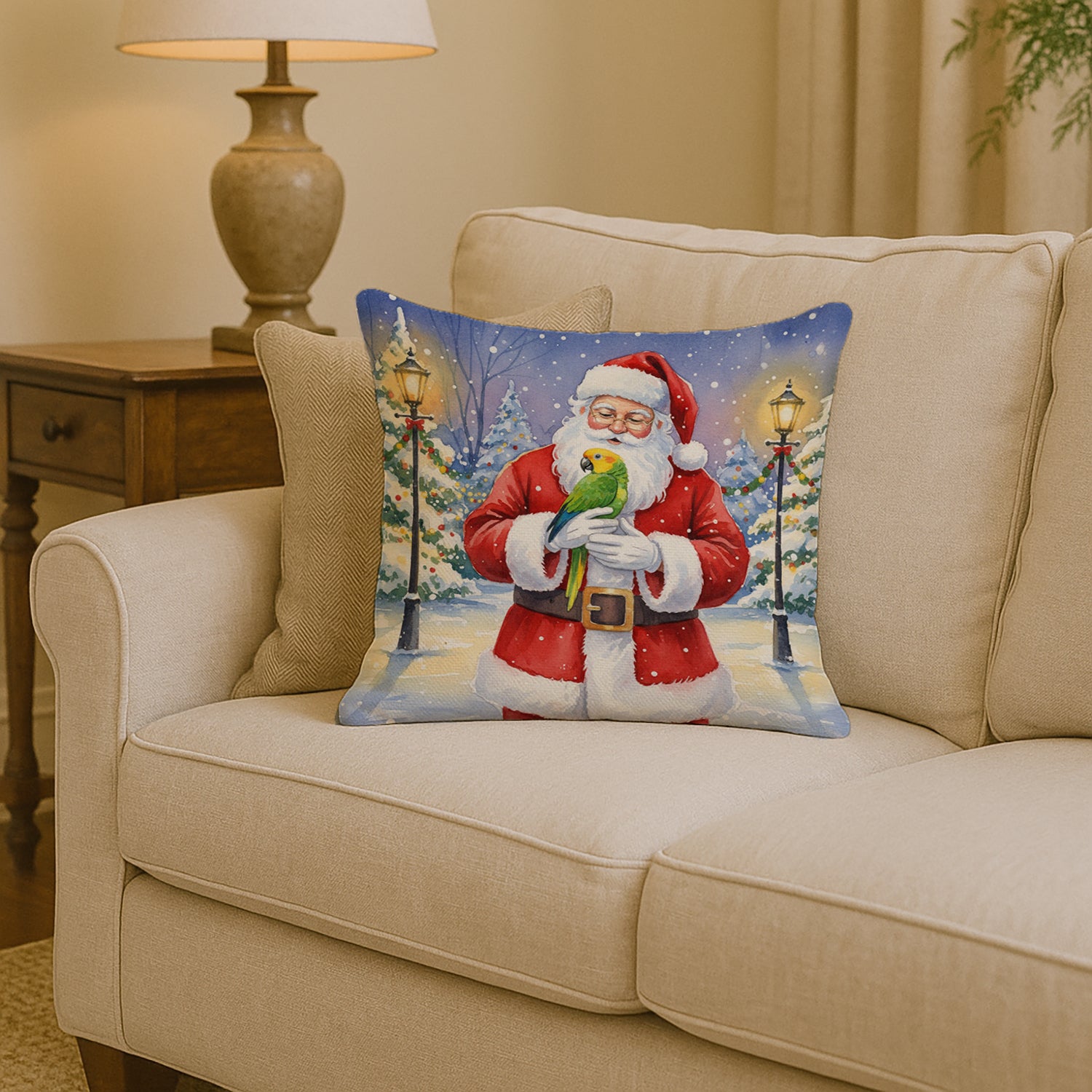 Caroline's Treasures Double Yellow Headed Amazon Parrot with Santa Claus Throw Pillow