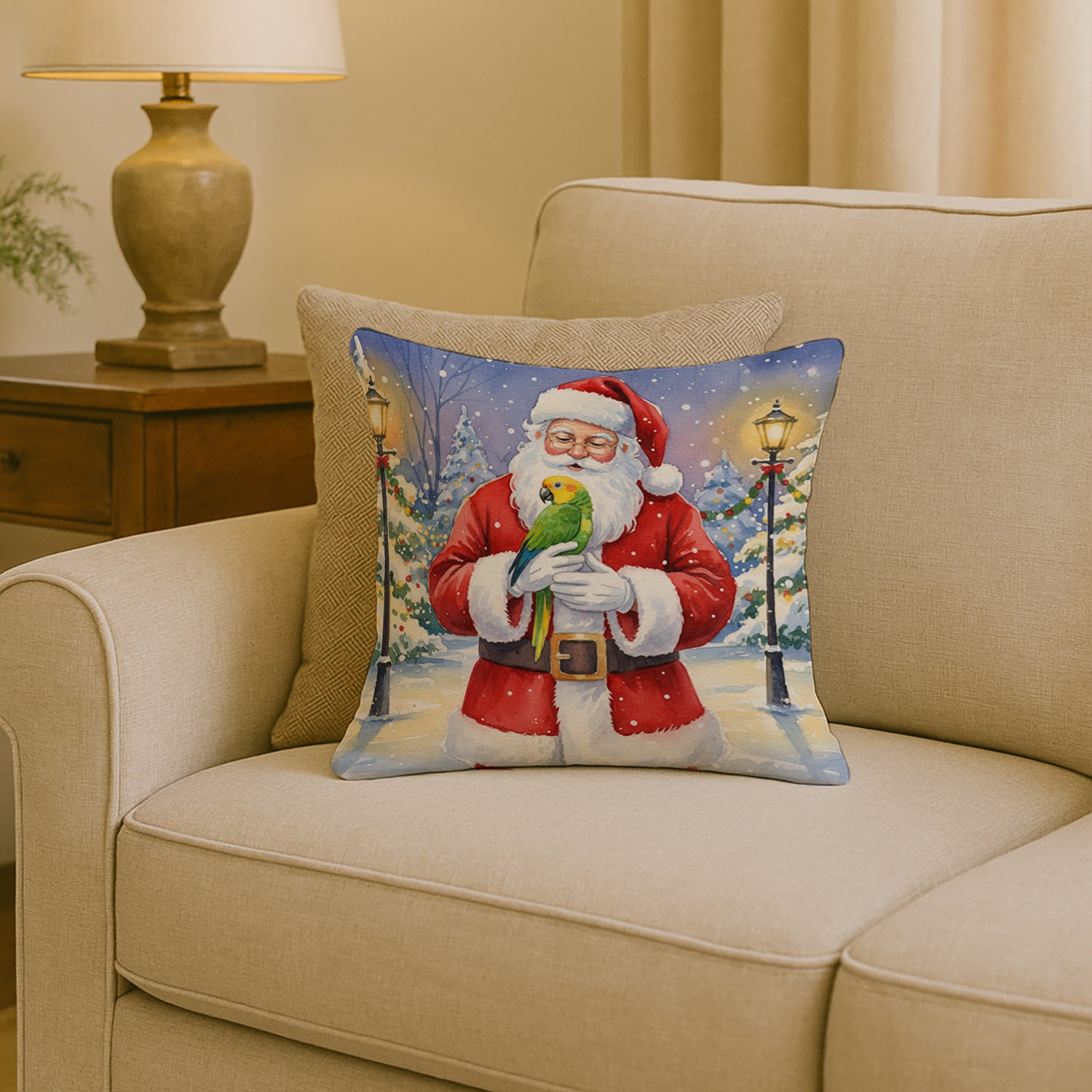 Caroline's Treasures Double Yellow Headed Amazon Parrot with Santa Claus Throw Pillow