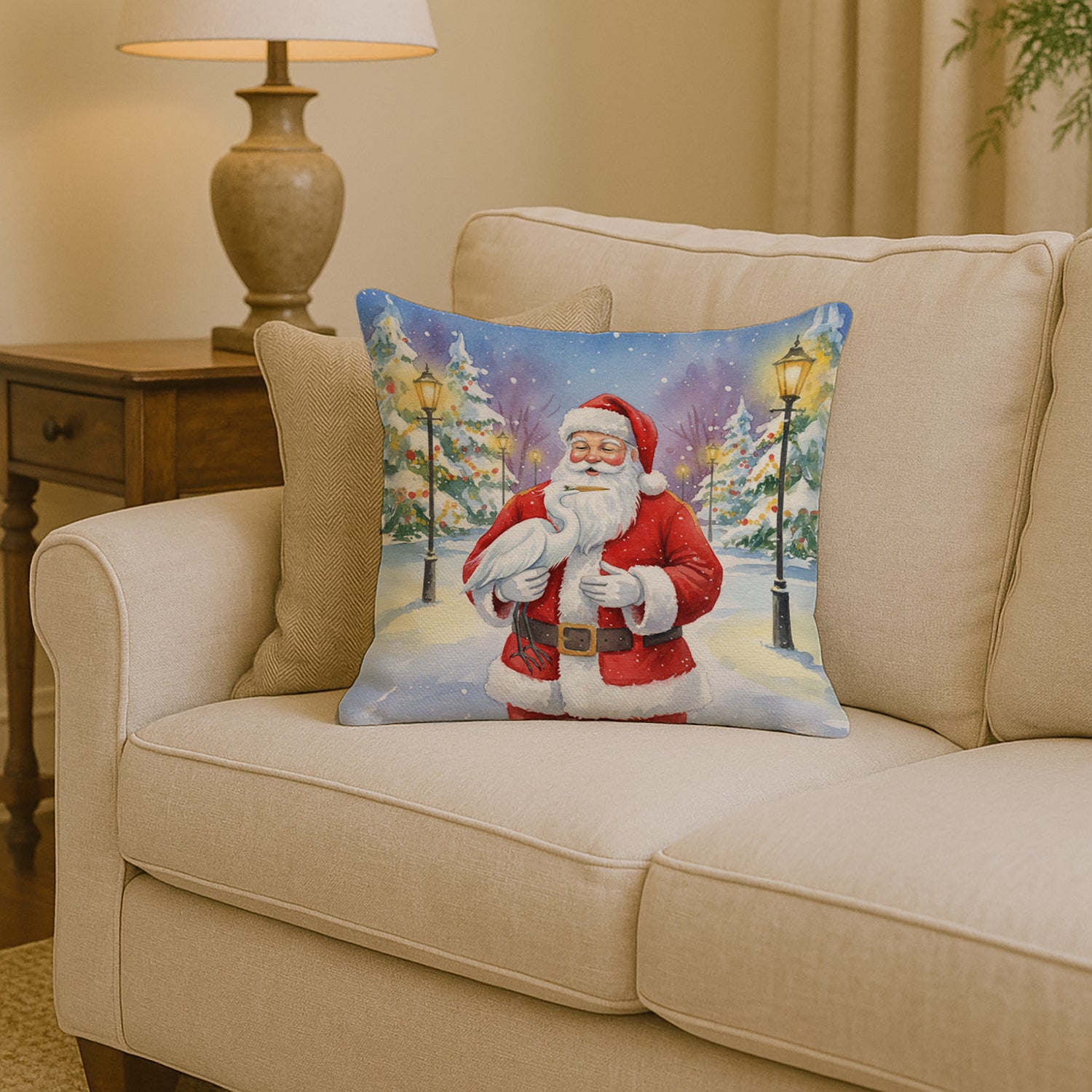 Caroline's Treasures Egret with Santa Claus Throw Pillow