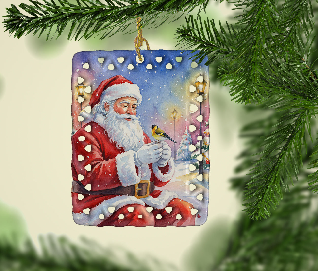Caroline's Treasures Goldfinch with Santa Claus Porcelain Ornament
