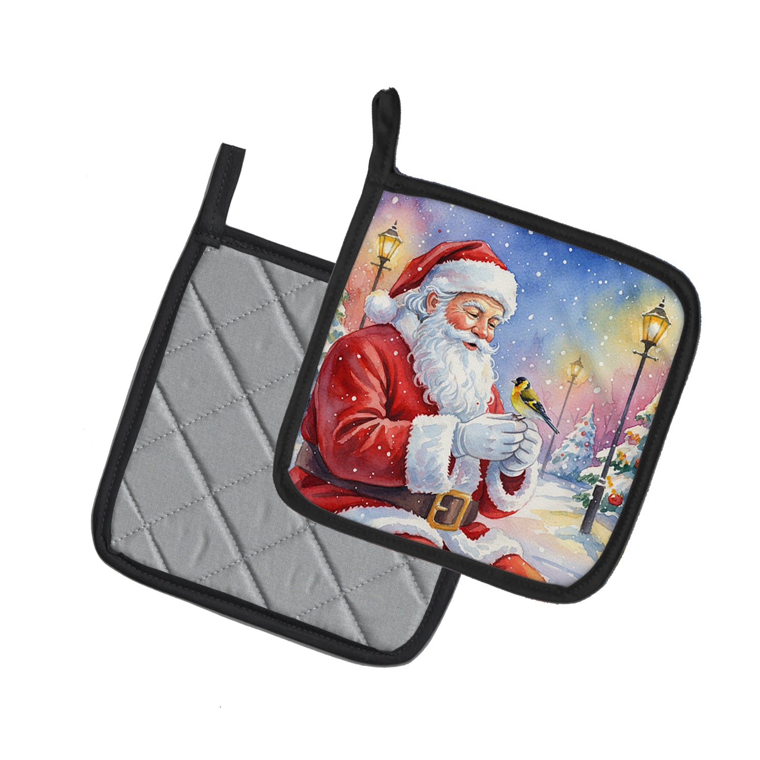 Caroline's Treasures Goldfinch with Santa Claus Pair of Pot Holders