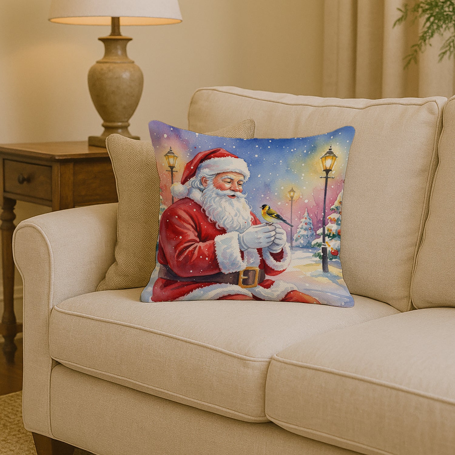Caroline's Treasures Goldfinch with Santa Claus Throw Pillow