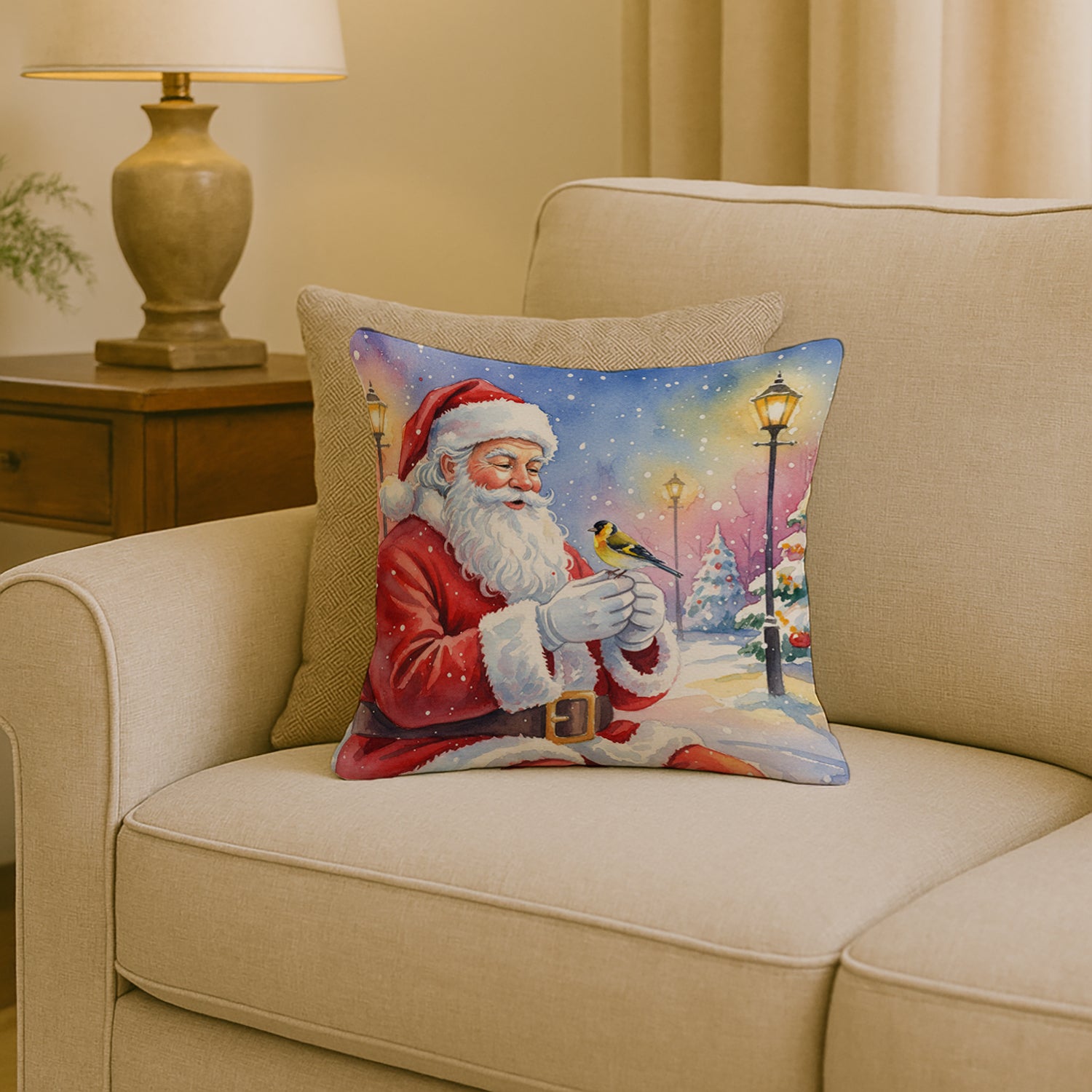 Caroline's Treasures Goldfinch with Santa Claus Throw Pillow