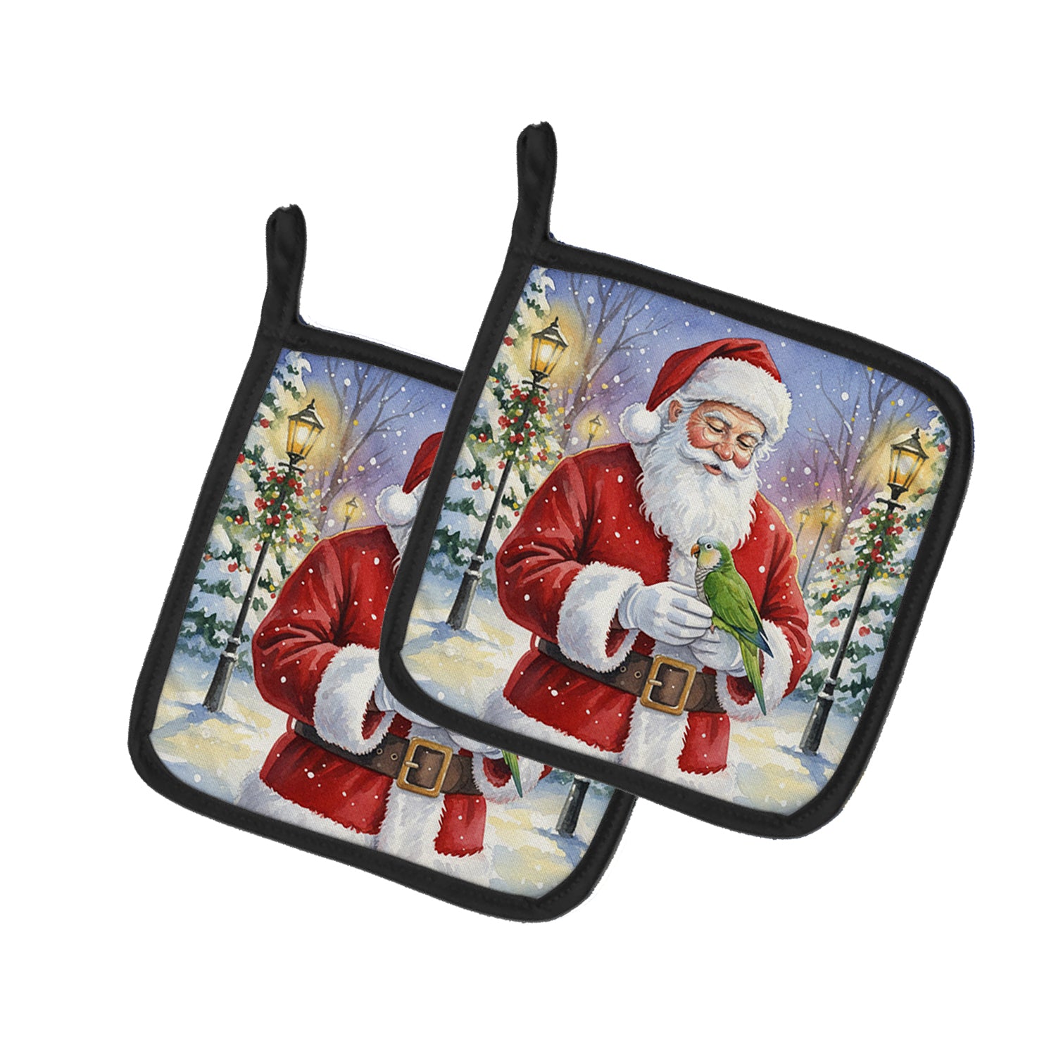 Caroline's Treasures Green Quaker Parrot with Santa Claus Pair of Pot Holders