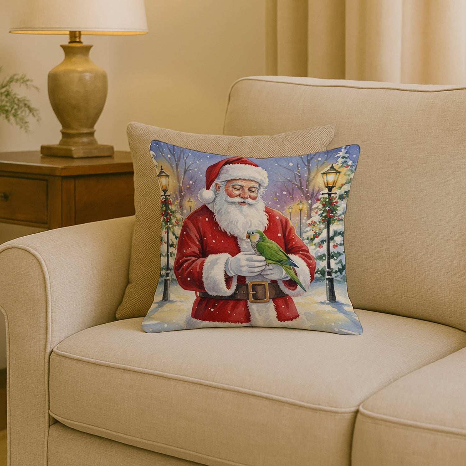 Caroline's Treasures Green Quaker Parrot with Santa Claus Throw Pillow