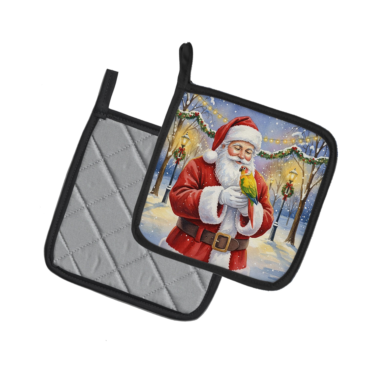 Caroline's Treasures Green Cheeked Conure Parrot with Santa Claus Pair of Pot Holders