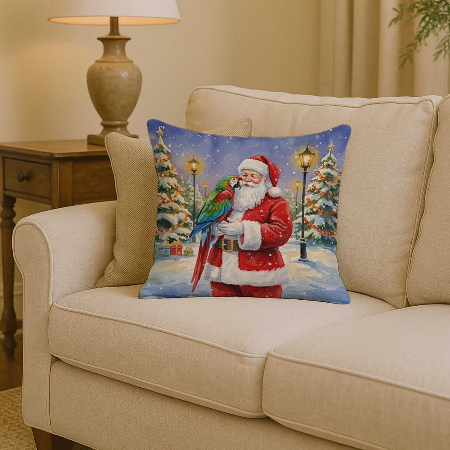 Caroline's Treasures Green Winged Macaw Parrot with Santa Claus Throw Pillow