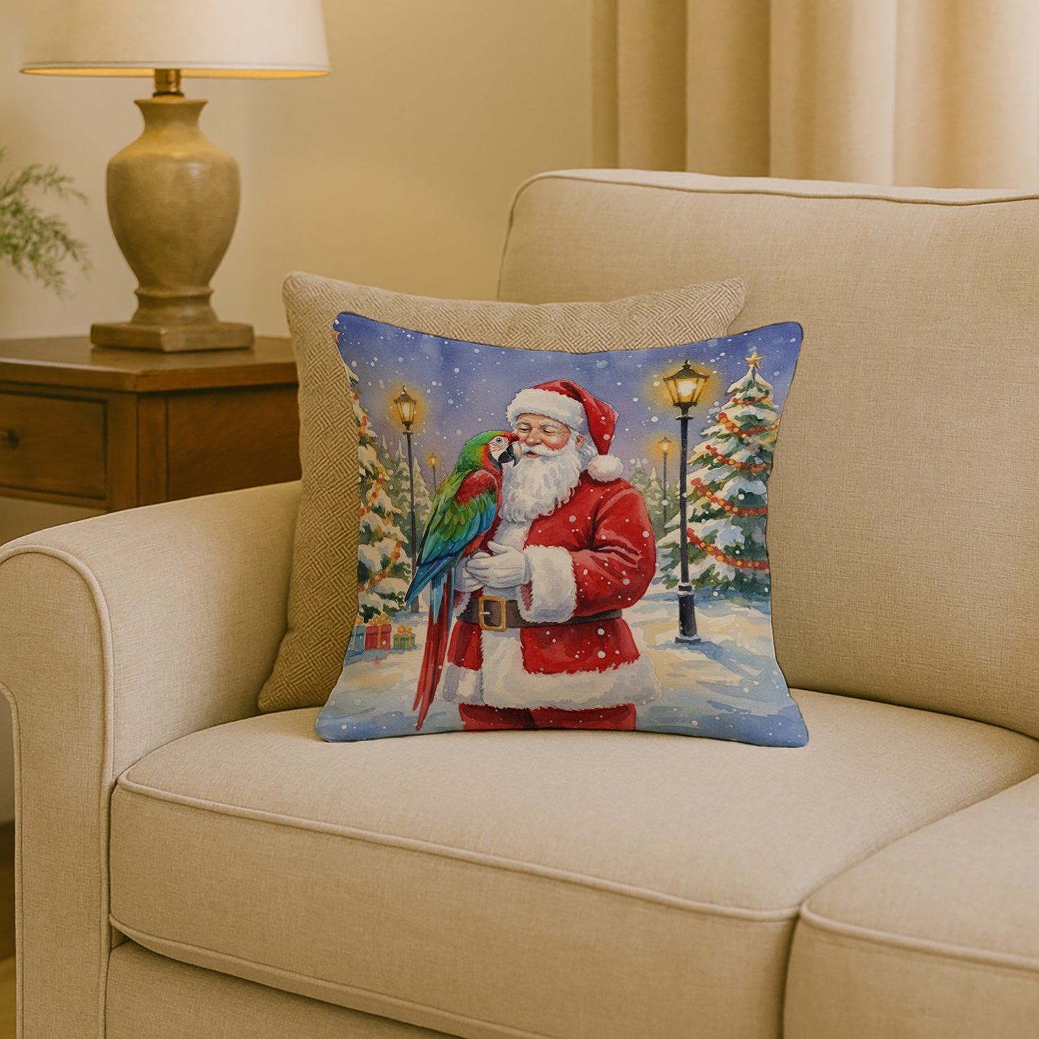 Caroline's Treasures Green Winged Macaw Parrot with Santa Claus Throw Pillow