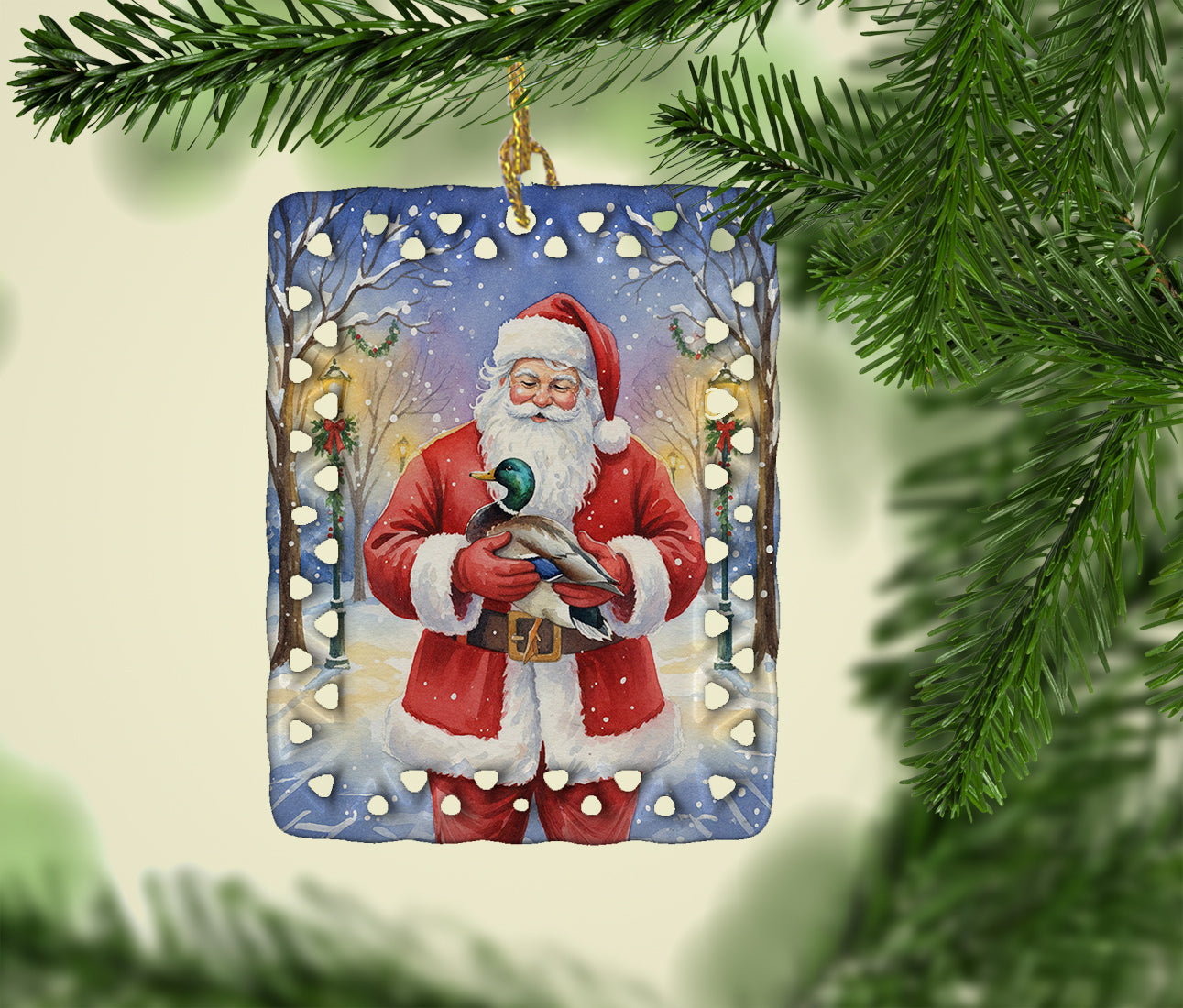 Caroline's Treasures Mallard with Santa Claus Porcelain Ornament