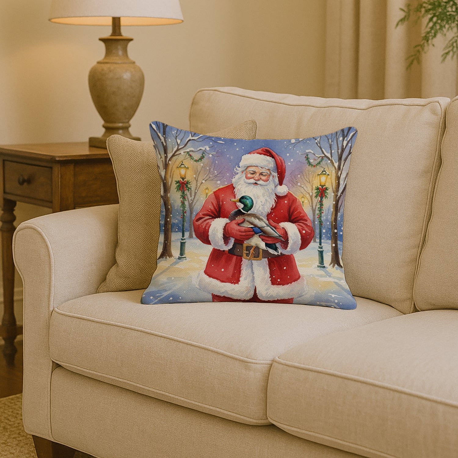 Caroline's Treasures Mallard with Santa Claus Throw Pillow