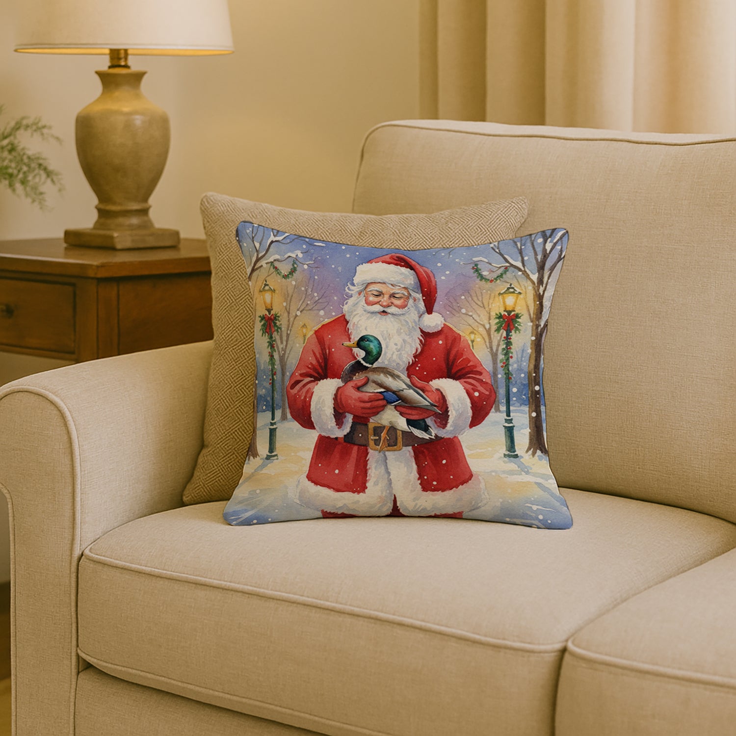 Caroline's Treasures Mallard with Santa Claus Throw Pillow