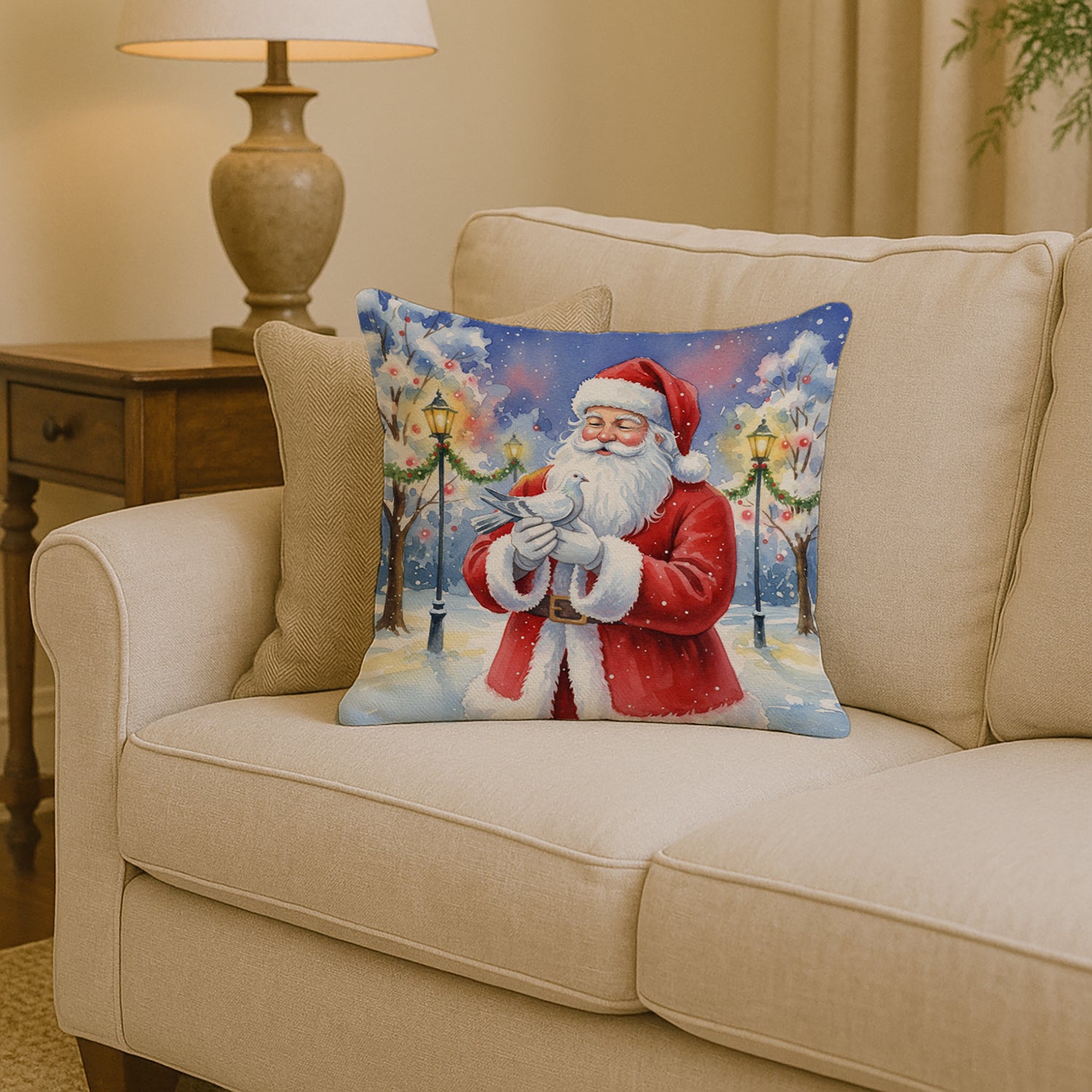 Caroline's Treasures Pigeon with Santa Claus Throw Pillow