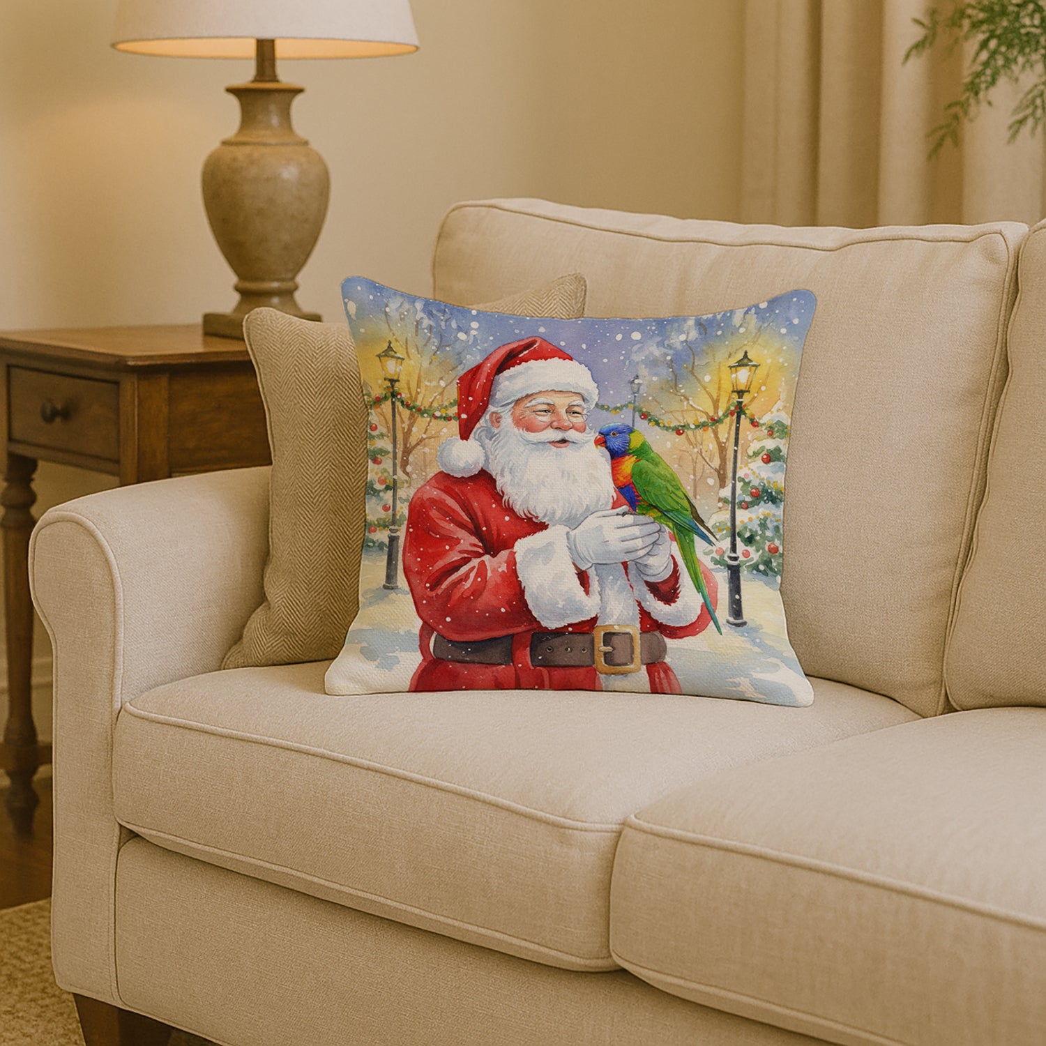 Caroline's Treasures Rainbow Lorikeet with Santa Claus Throw Pillow