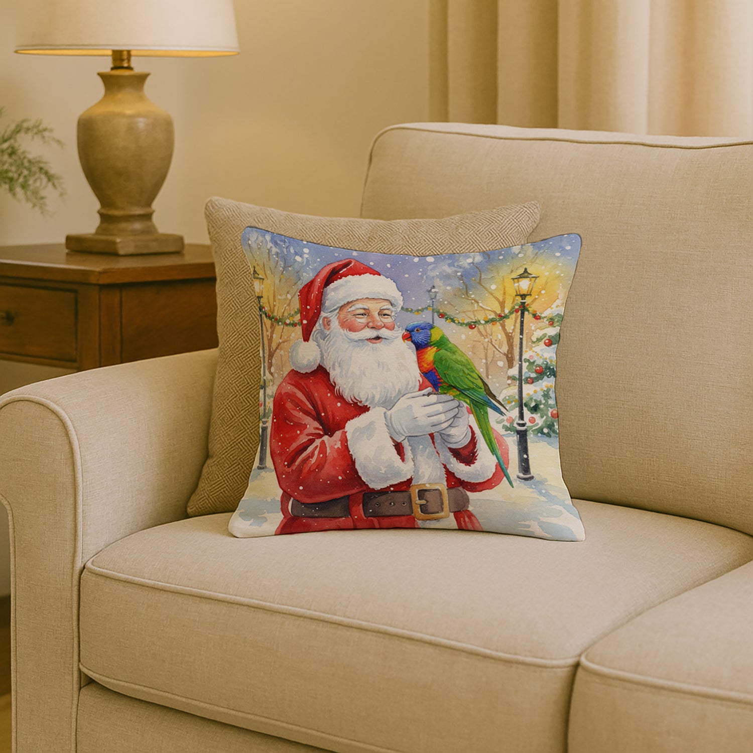 Caroline's Treasures Rainbow Lorikeet with Santa Claus Throw Pillow