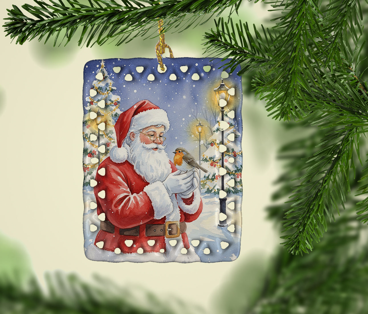 Caroline's Treasures Robin with Santa Claus Porcelain Ornament