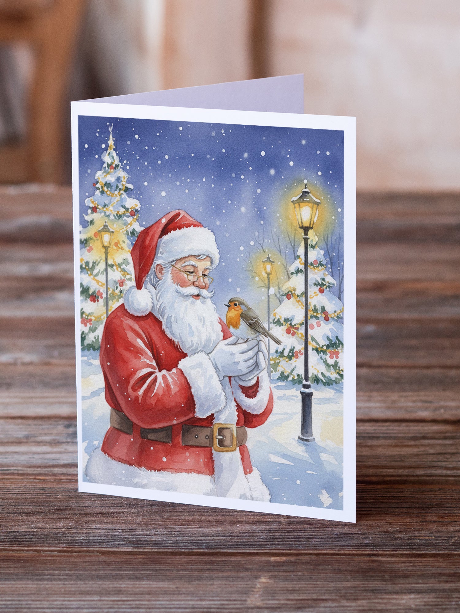 Caroline's Treasures Robin with Santa Claus Greeting Cards Pack of 8