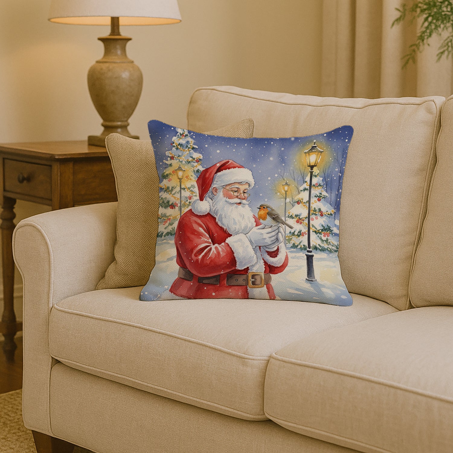 Caroline's Treasures Robin with Santa Claus Throw Pillow