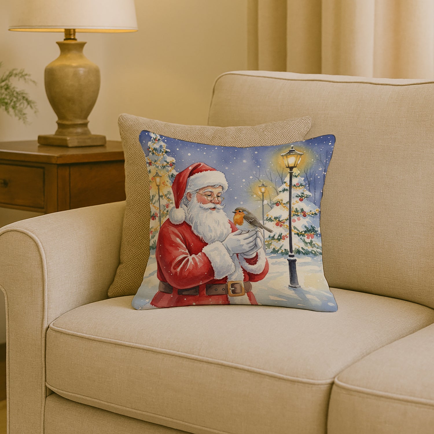 Caroline's Treasures Robin with Santa Claus Throw Pillow
