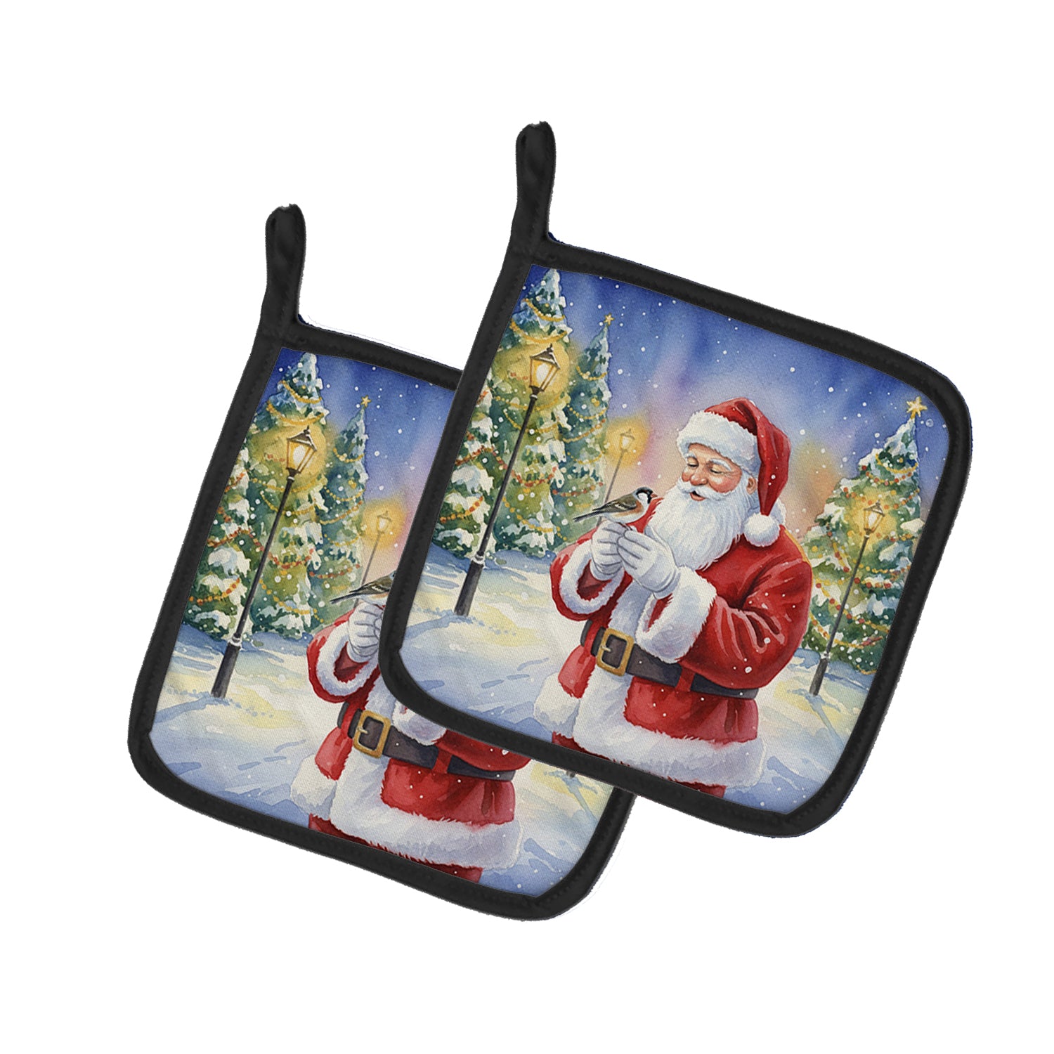 Caroline's Treasures Society Finch with Santa Claus Pair of Pot Holders