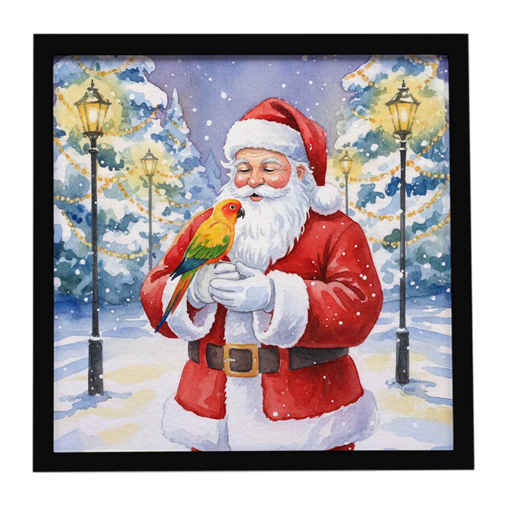 Caroline's Treasures Sun Conure with Santa Claus Framed Metal Print