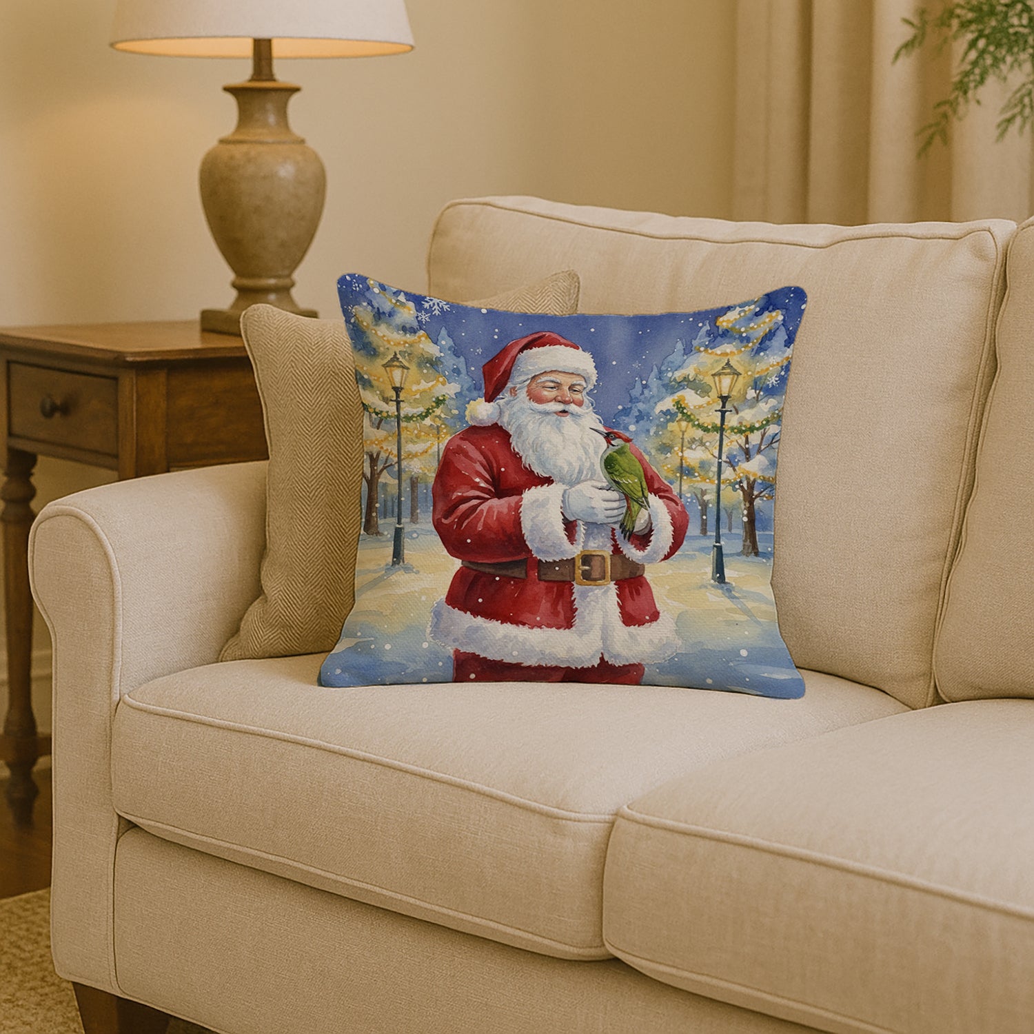 Caroline's Treasures Woodpecker with Santa Claus Throw Pillow