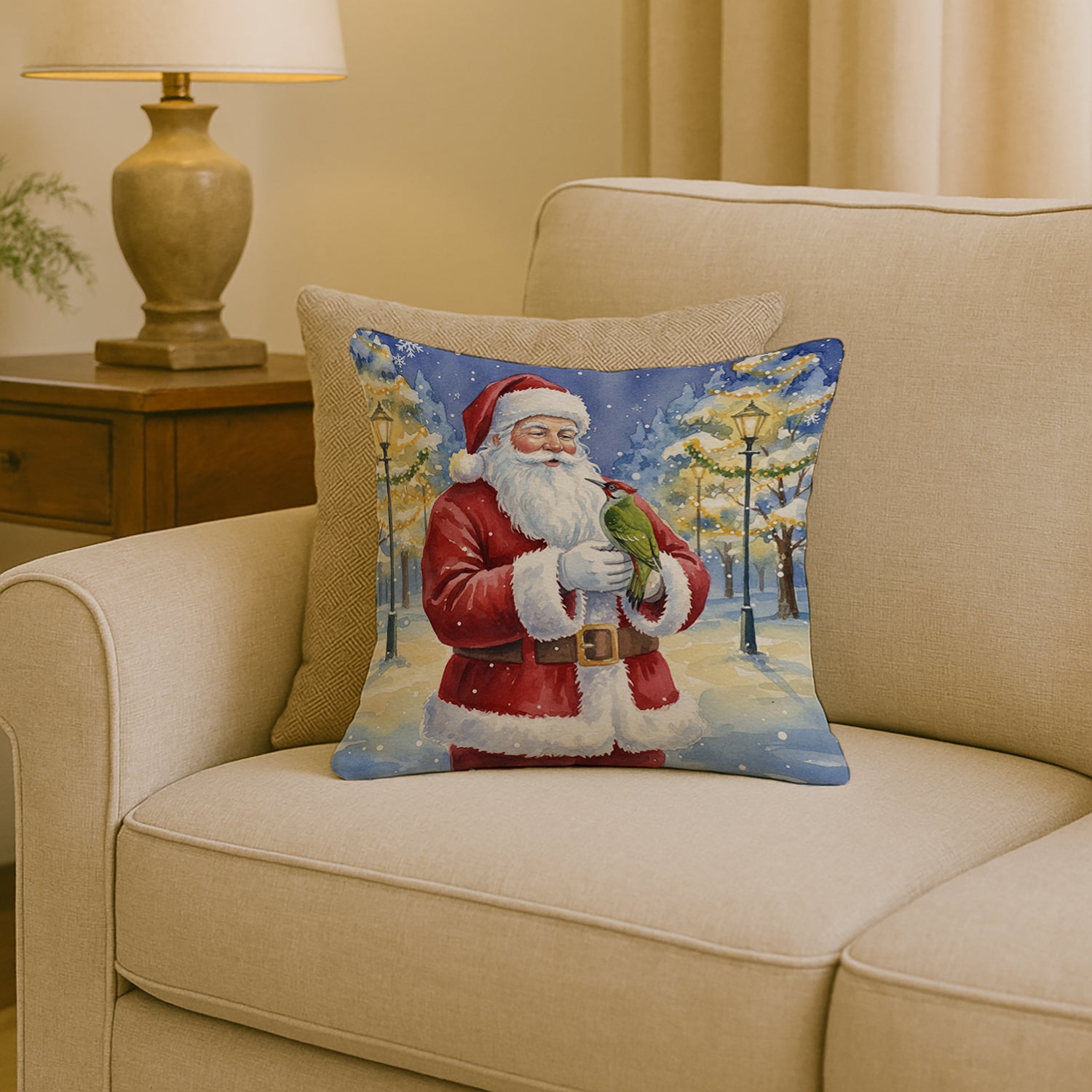 Caroline's Treasures Woodpecker with Santa Claus Throw Pillow