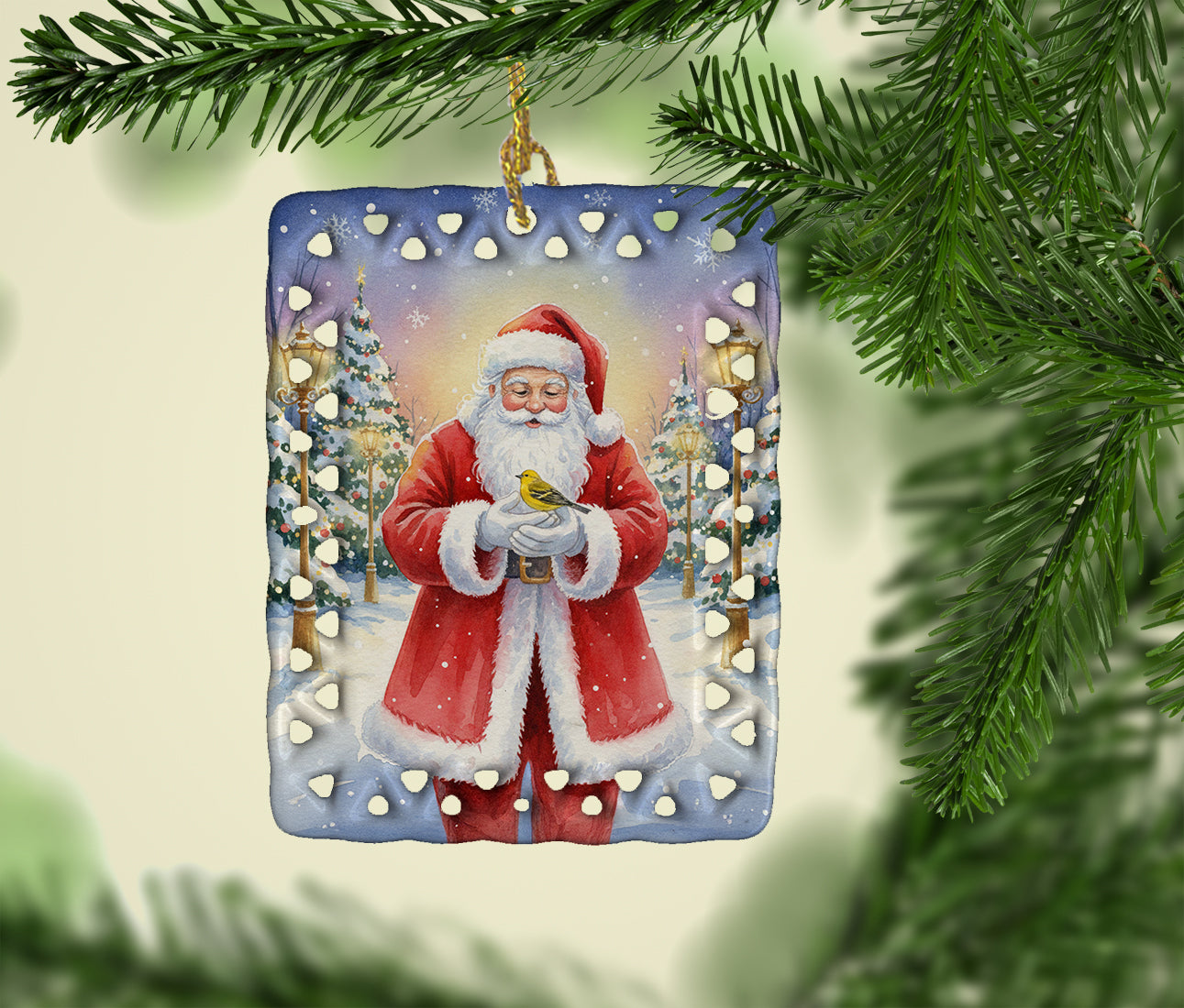 Caroline's Treasures Yellowhammer with Santa Claus Porcelain Ornament