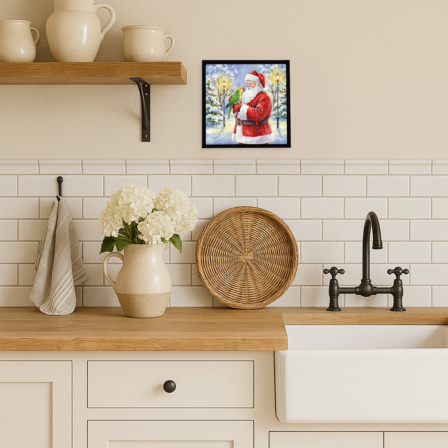 Caroline's Treasures Yellow Naped Amazon with Santa Claus Framed Metal Print