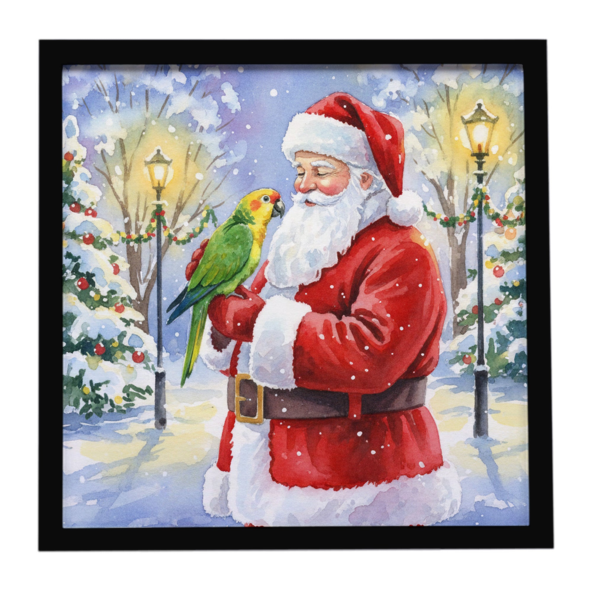 Caroline's Treasures Yellow Naped Amazon with Santa Claus Framed Metal Print
