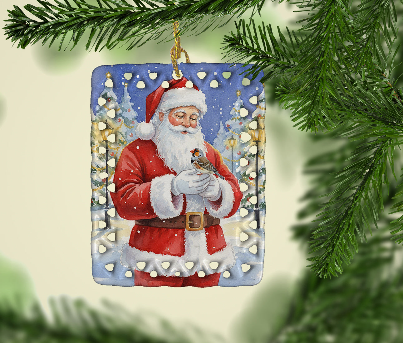 Caroline's Treasures Zebra Finch with Santa Claus Porcelain Ornament