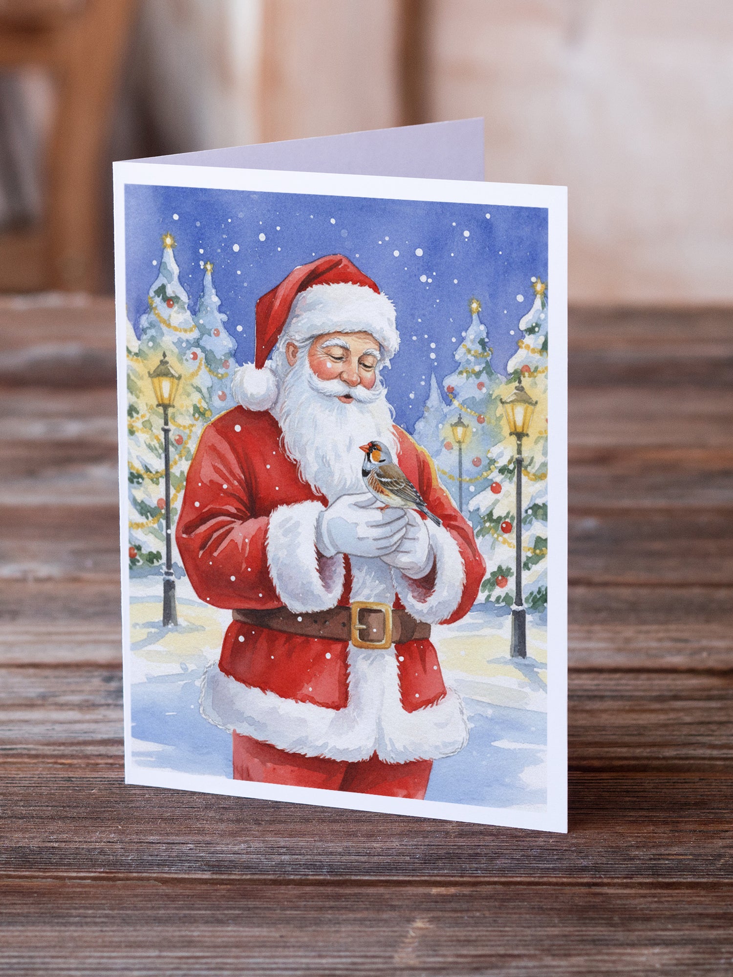 Caroline's Treasures Zebra Finch with Santa Claus Greeting Cards Pack of 8