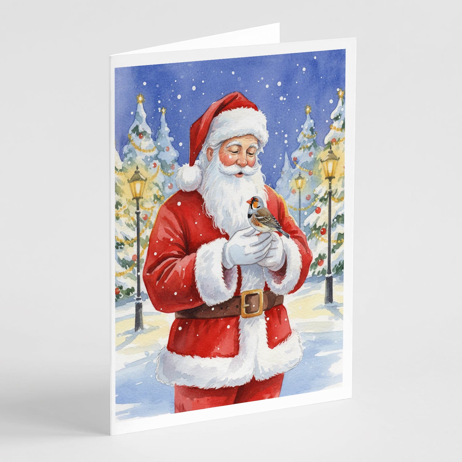 Caroline's Treasures Zebra Finch with Santa Claus Greeting Cards Pack of 8