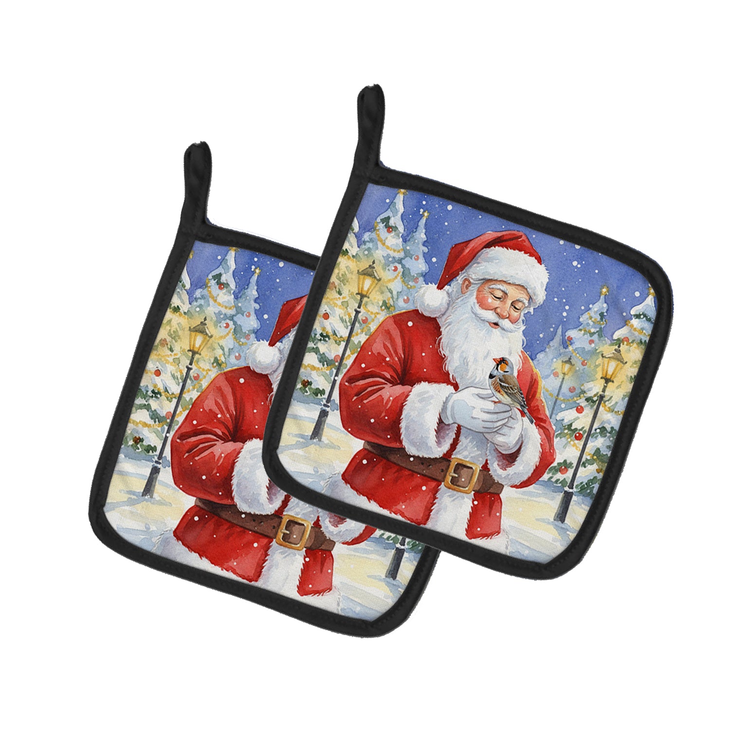 Caroline's Treasures Zebra Finch with Santa Claus Pair of Pot Holders