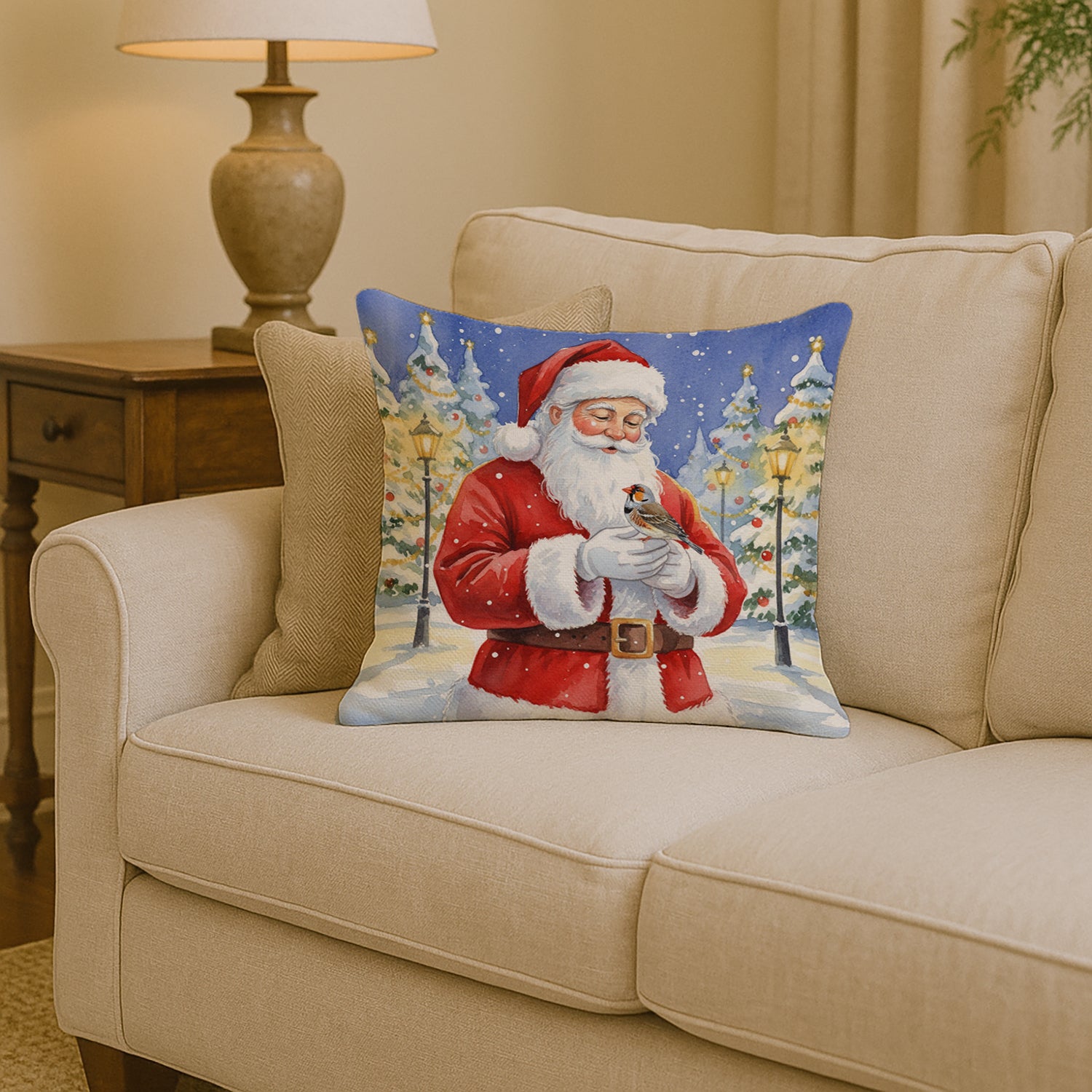 Caroline's Treasures Zebra Finch with Santa Claus Throw Pillow