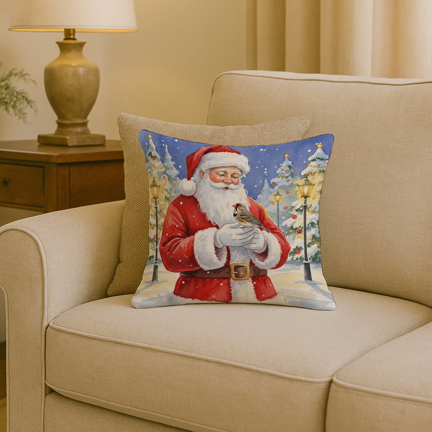 Caroline's Treasures Zebra Finch with Santa Claus Throw Pillow