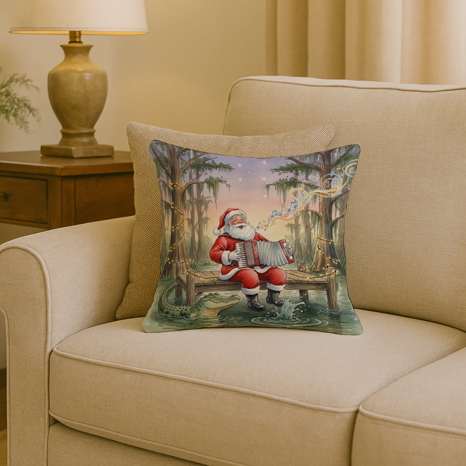 Caroline's Treasures Cajun Santa Claus and the Accordion Gator Christmas Throw Pillow