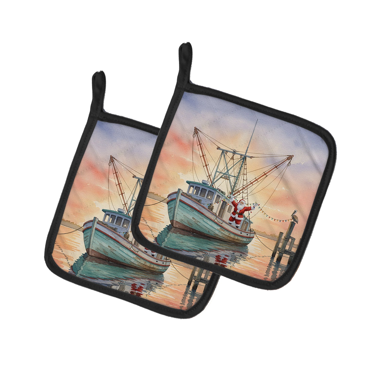 Caroline's Treasures Cajun Santa Claus Decorating a Shrimp Boat Christmas Pair of Pot Holders