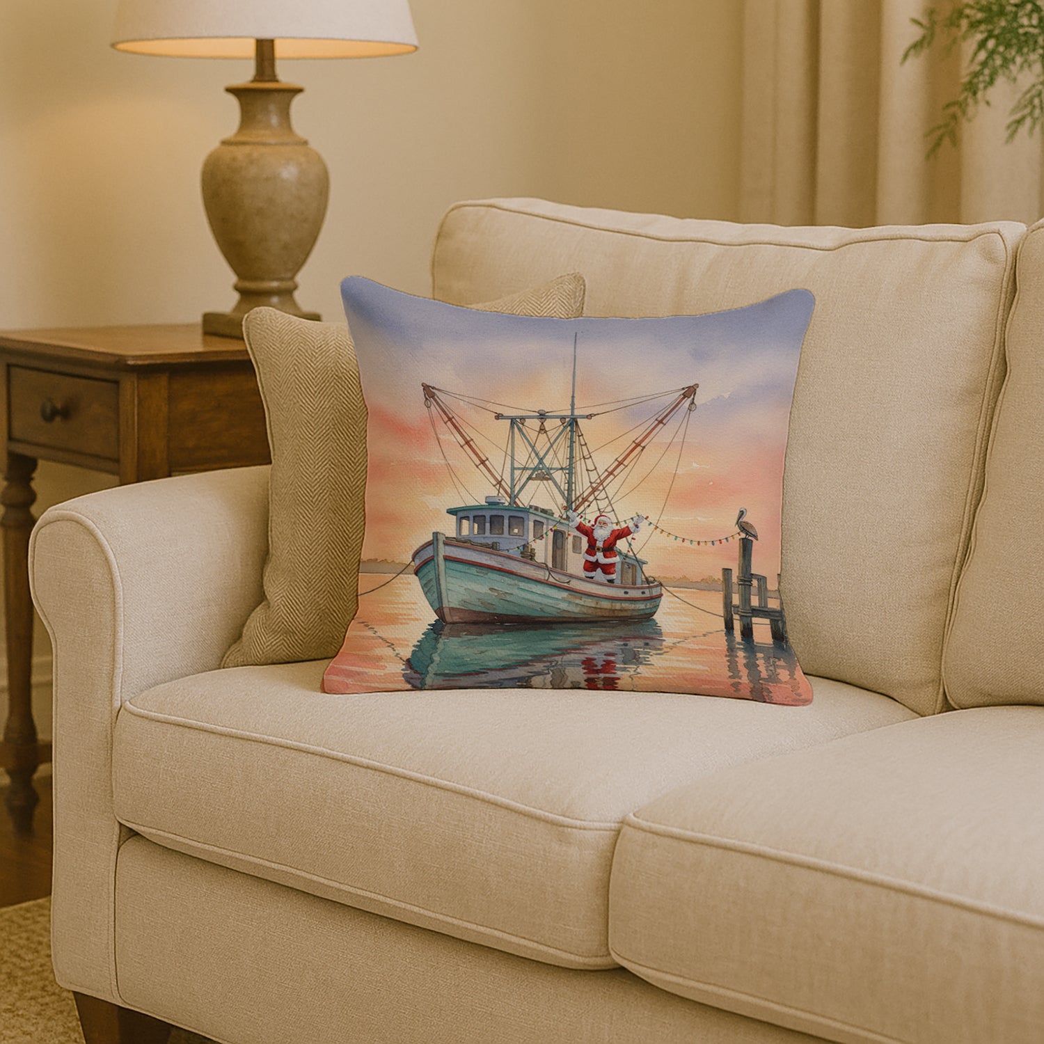 Caroline's Treasures Cajun Santa Claus Decorating a Shrimp Boat Christmas Throw Pillow