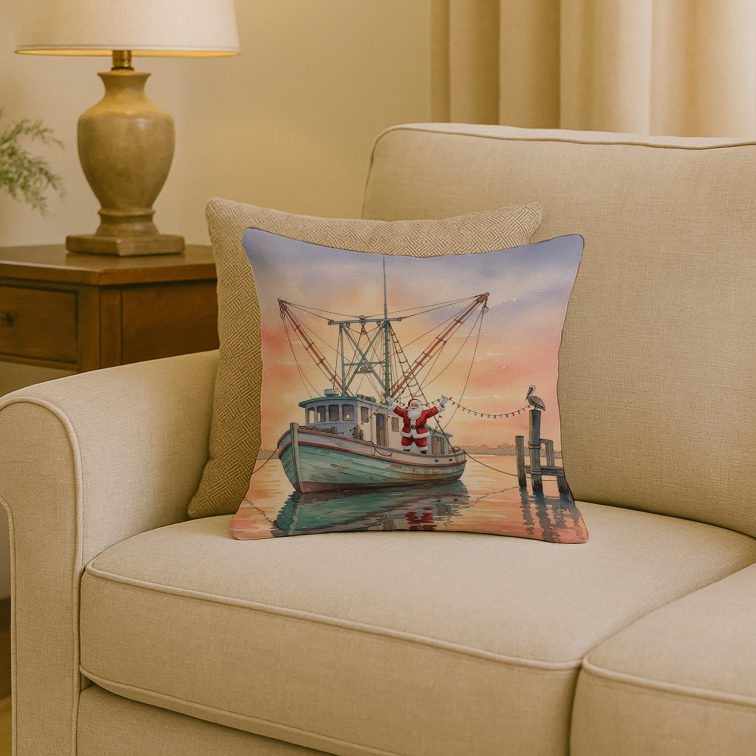 Caroline's Treasures Cajun Santa Claus Decorating a Shrimp Boat Christmas Throw Pillow