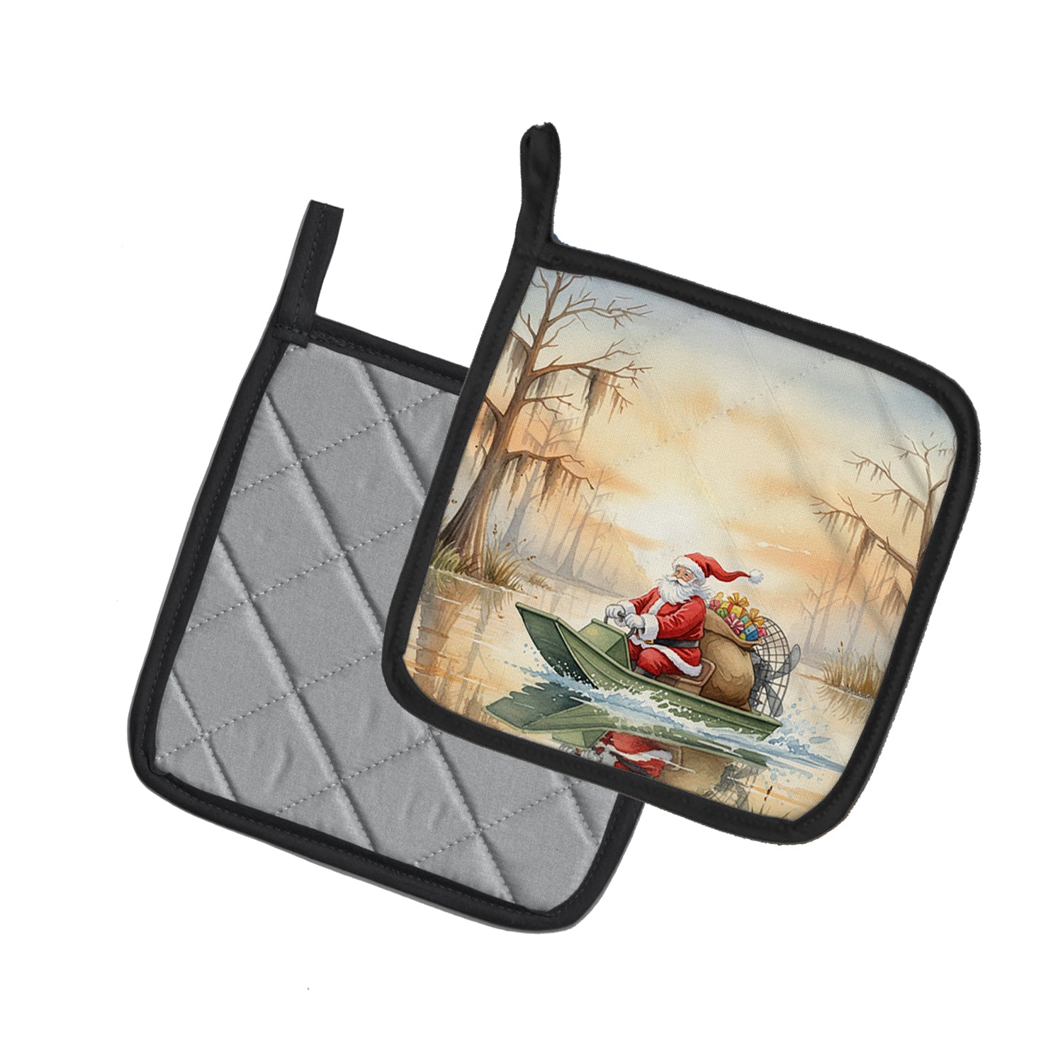 Caroline's Treasures Cajun Santa Claus Delivering Gifts by Airboat Christmas Pair of Pot Holders