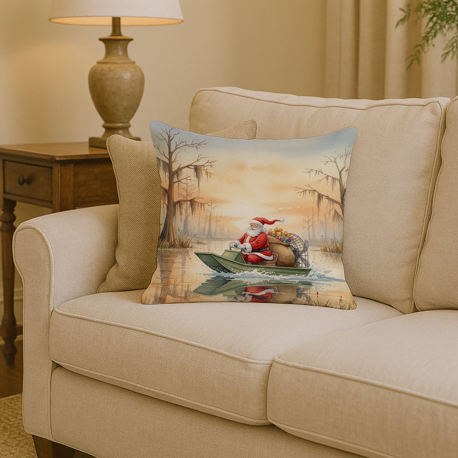 Caroline's Treasures Cajun Santa Claus Delivering Gifts by Airboat Christmas Throw Pillow