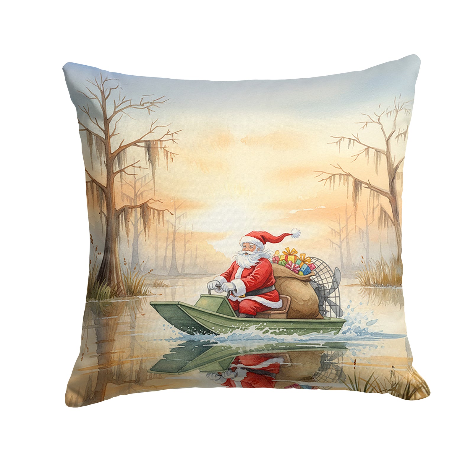 Caroline's Treasures Cajun Santa Claus Delivering Gifts by Airboat Christmas Throw Pillow