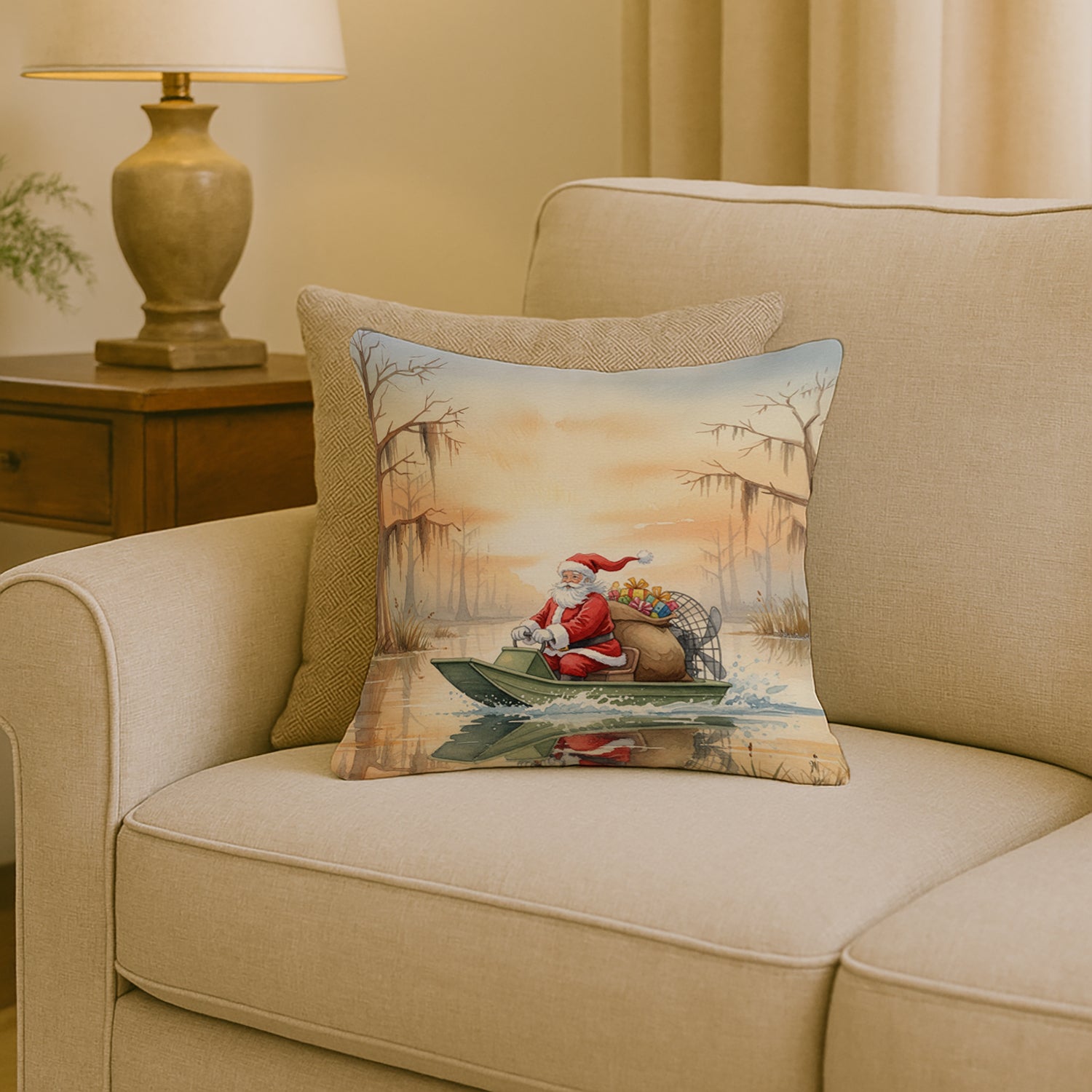 Caroline's Treasures Cajun Santa Claus Delivering Gifts by Airboat Christmas Throw Pillow