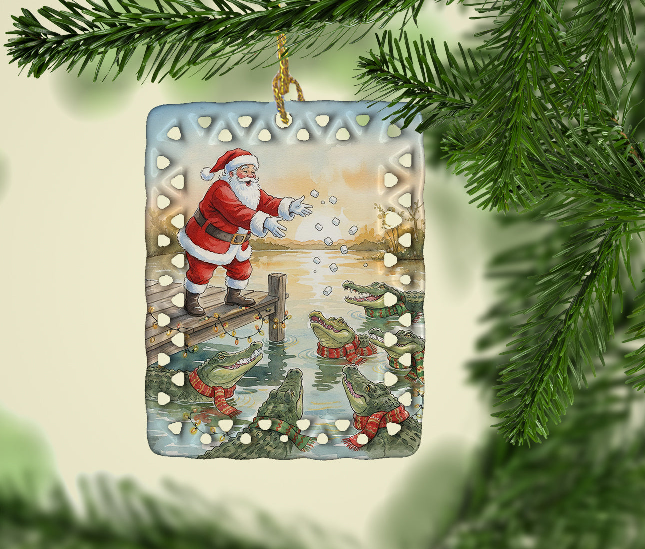 Caroline's Treasures Cajun Santa Claus Feeding the Gators Christmas Porcelain Ornament